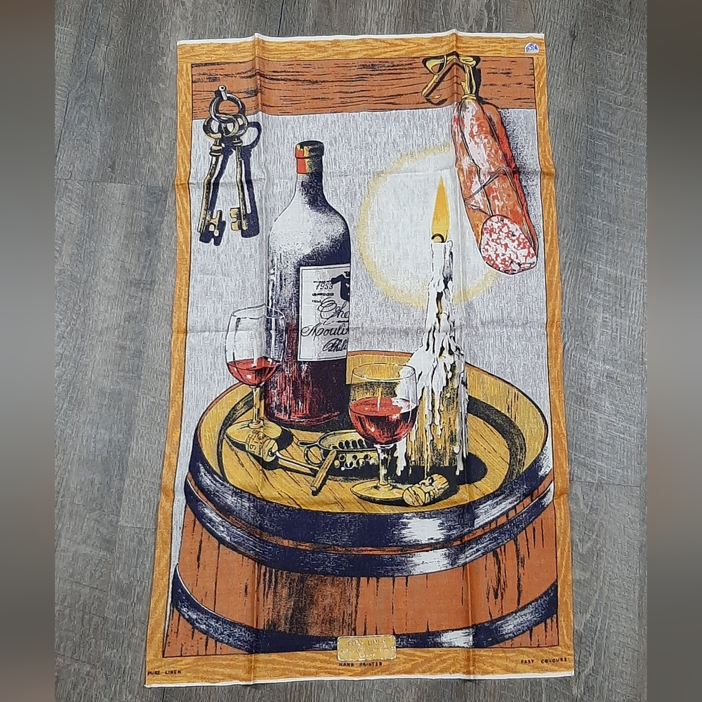 Vintage Pure Linen Hand Printed Colors Winery Estate Made in Polland 19" x 32"